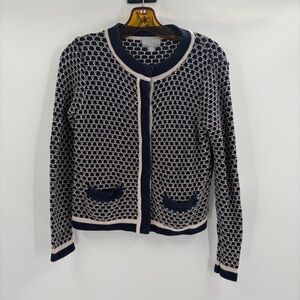 Pure Collection Long Sleeve Cotton White Knit Classic Navy Sweater Cardigan Sz 6